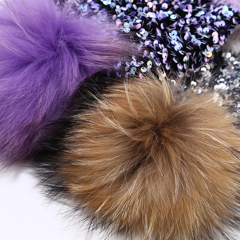 Wholesale Dyed Raccoon Fur Ball Sequin Warm Knitted Hat